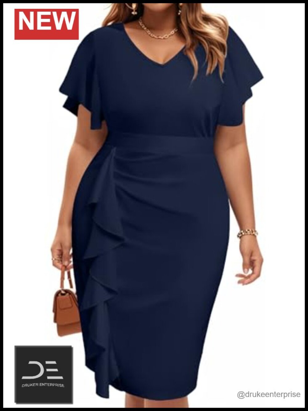 Plus Size Bodycon Pencil Dress Ruffle Sleeve V-Neck Knee Length Work Cocktail